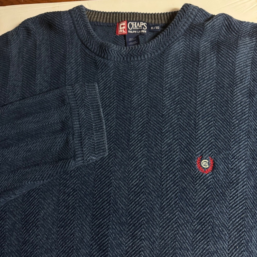 Chaps Ralph Lauren Mens XL Navy Blue Herringbone Cotton Sweater Classic Fit